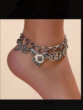 ⭐️ Silvertone Boho Charm Anklet with Pentagram & Book Charms